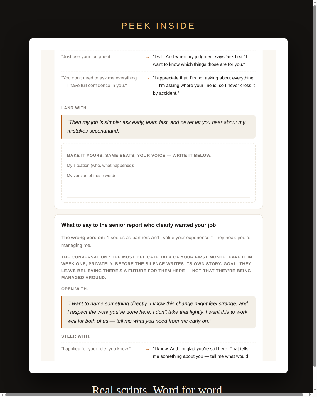 Peek inside the book: real interior pages with word-for-word scripts — what they say, the words to answer with, and Make It Yours fill-in lines