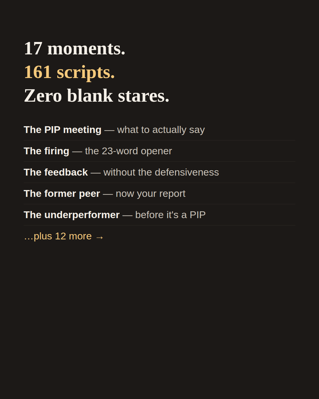 Inside the book: 17 moments, 161 scripts — the PIP meeting, the firing, the feedback, the former peer, the underperformer, plus 12 more